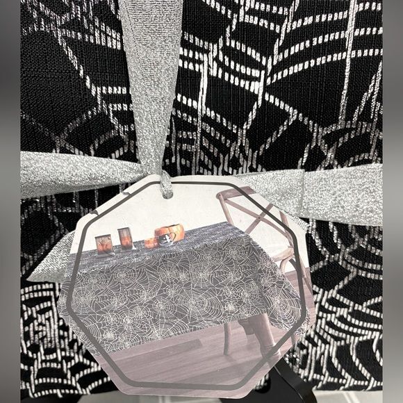 Halloween Tablecloth Silver Metallic Printed Spider Webs Black Fabric 60” x 102” - Picture 3 of 4